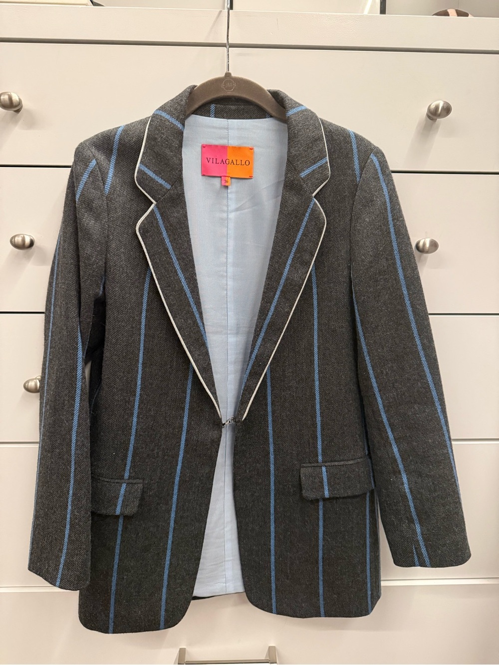 Vilagallo Striped Wool-Blend Blazer Charcoal Blue Pinstripe EU 36 (US 2/4)
